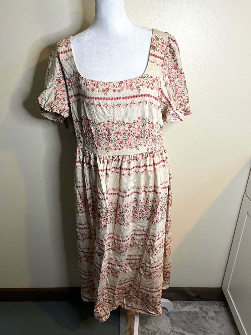 Vivid Aura Boho Floral Square-Neck Women’s Dress - Cream with Pink Floral